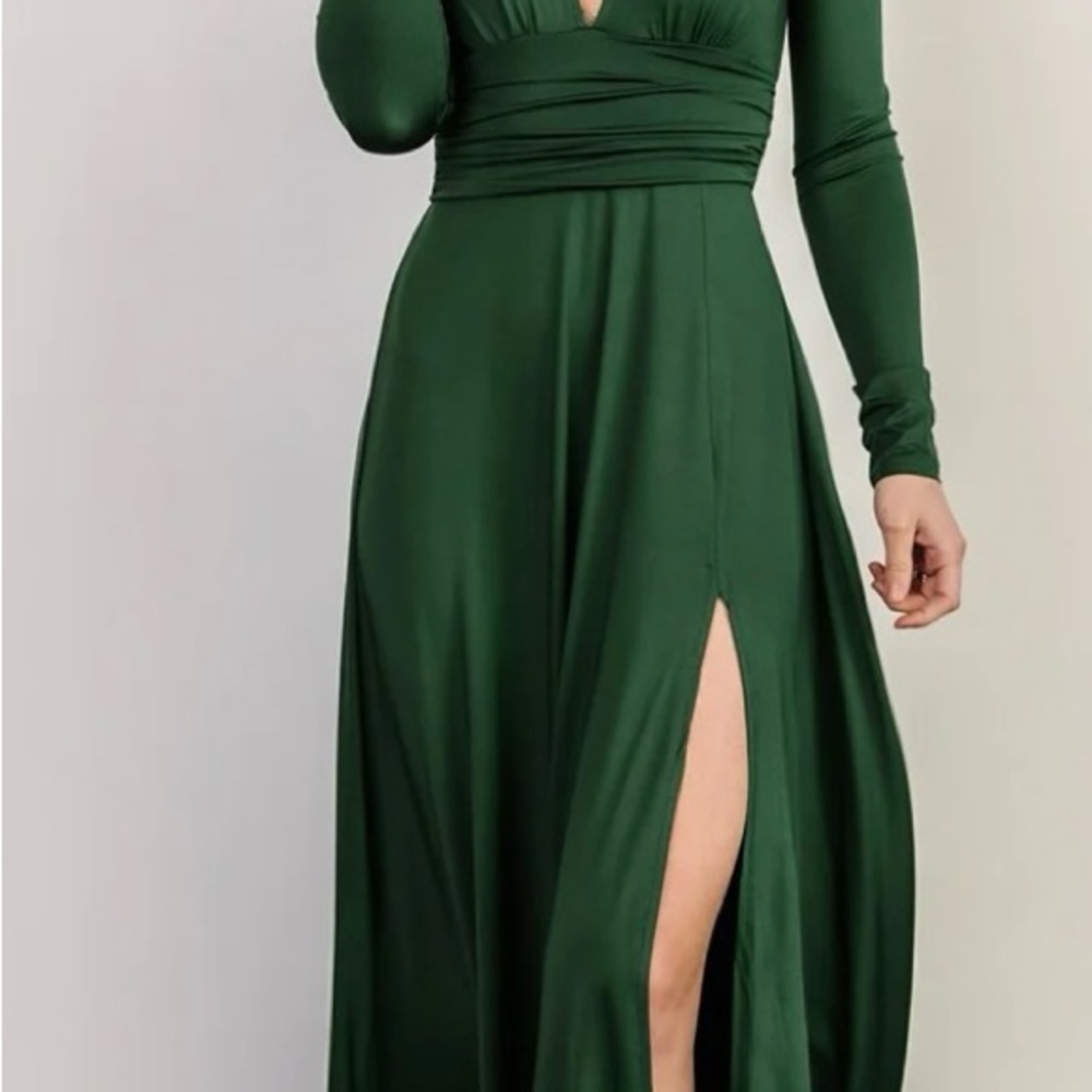 Green Long Sleeve V-Neck Maxi Dress with Side Slit